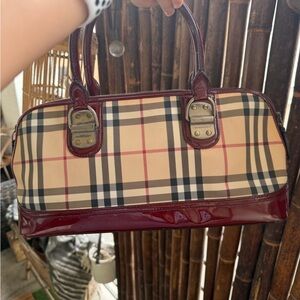 Burberry Beige Check Satchel with Burgundy Patent Trim